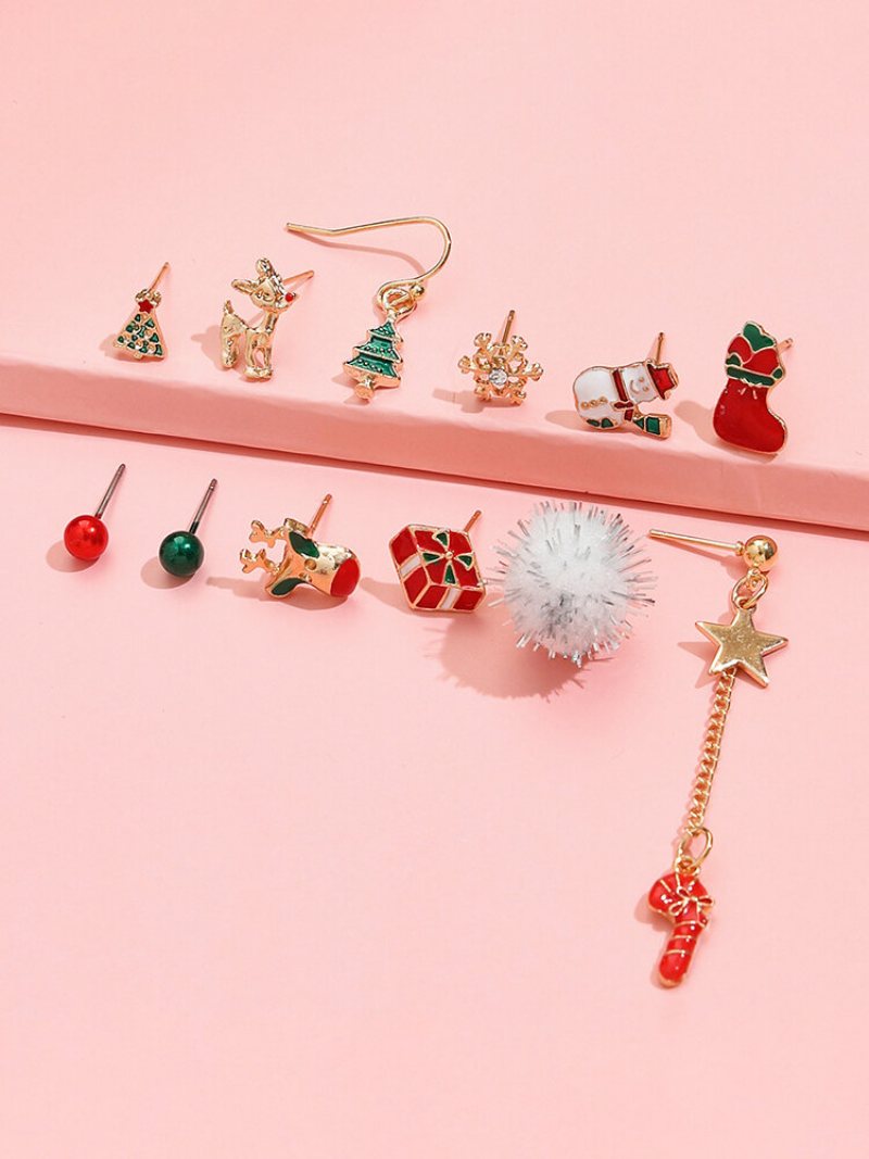 12 Sztuk Christmas Ear Stud Set Stocking Gift Star Wand Elk Tassel Kolczyki