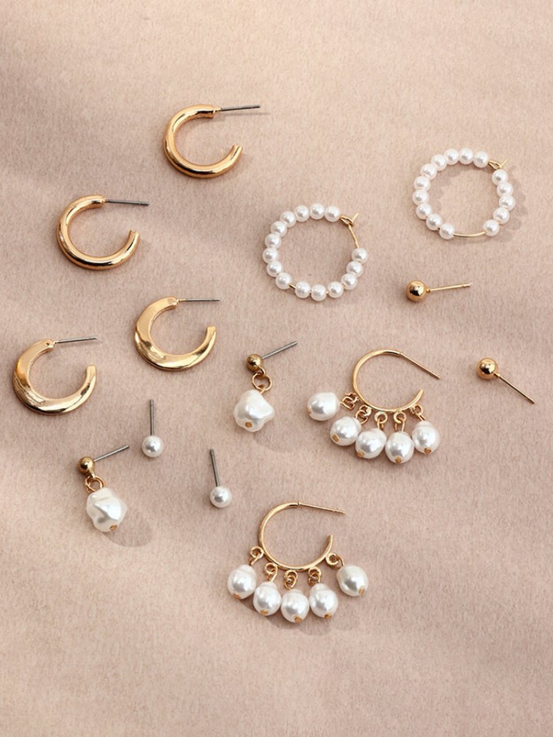 7 Szt. Eleganckie Kolczyki Damskie W Kształcie Litery C Zestaw Temperament Pearl Ear Stud Biżuteria Prezent