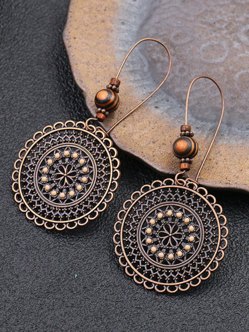 Alloy Retro Fashion Round Flower Rhinestone Drewniane Koraliki Kolczyki W Stylu Etnicznym