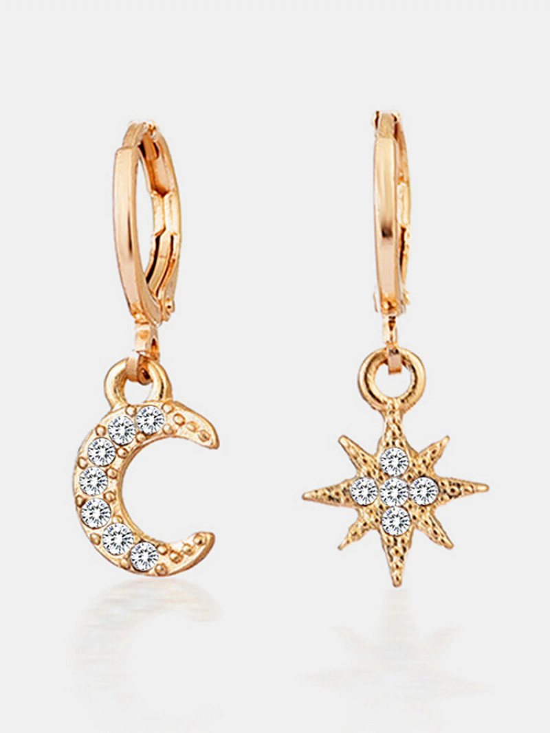 Fashion Luxury Creative Style Rhinestone Star & Moon Shape Asymetryczne Kolczyki Ze Stopu