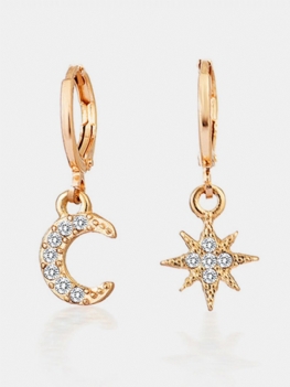 Fashion Luxury Creative Style Rhinestone Star & Moon Shape Asymetryczne Kolczyki Ze Stopu