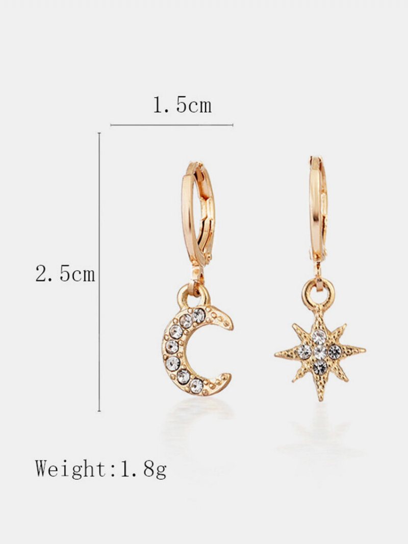 Fashion Luxury Creative Style Rhinestone Star & Moon Shape Asymetryczne Kolczyki Ze Stopu