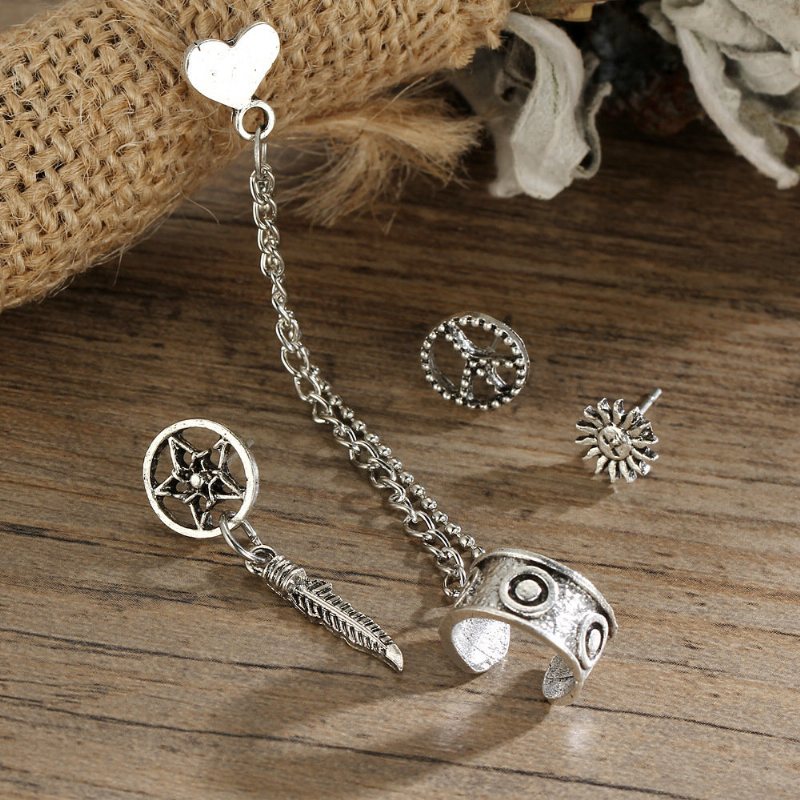 Punk Alloy Peace Symbol Sun Leaf Heart Stud Kolczyki 4 Szt./zestaw Dla Kobiet