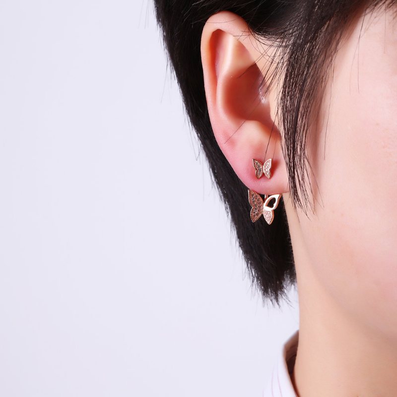 Słodkie Kolczyki Ze Srebra Próby 925 W Kolorze Różowego Złota Pełne Cyrkonie Butterfly Piercing Ear Jackets Dla Kobiet