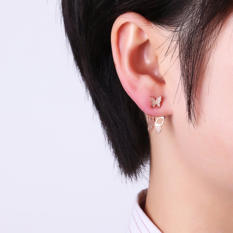 Słodkie Kolczyki Ze Srebra Próby 925 W Kolorze Różowego Złota Pełne Cyrkonie Butterfly Piercing Ear Jackets Dla Kobiet