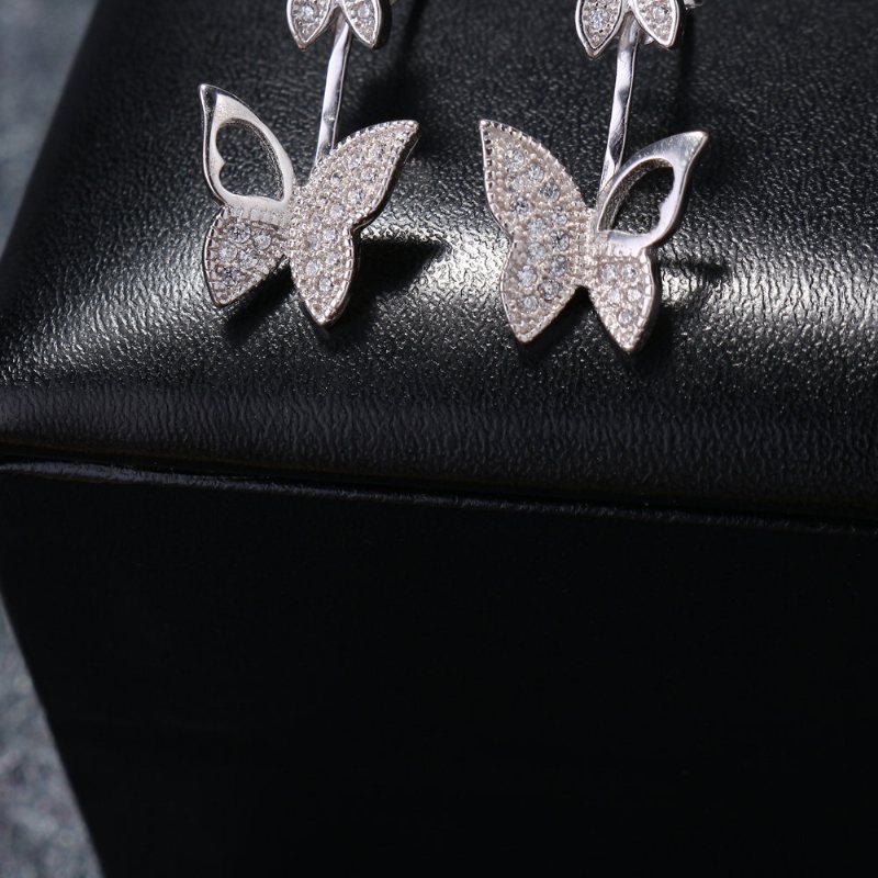 Słodkie Kolczyki Ze Srebra Próby 925 W Kolorze Różowego Złota Pełne Cyrkonie Butterfly Piercing Ear Jackets Dla Kobiet