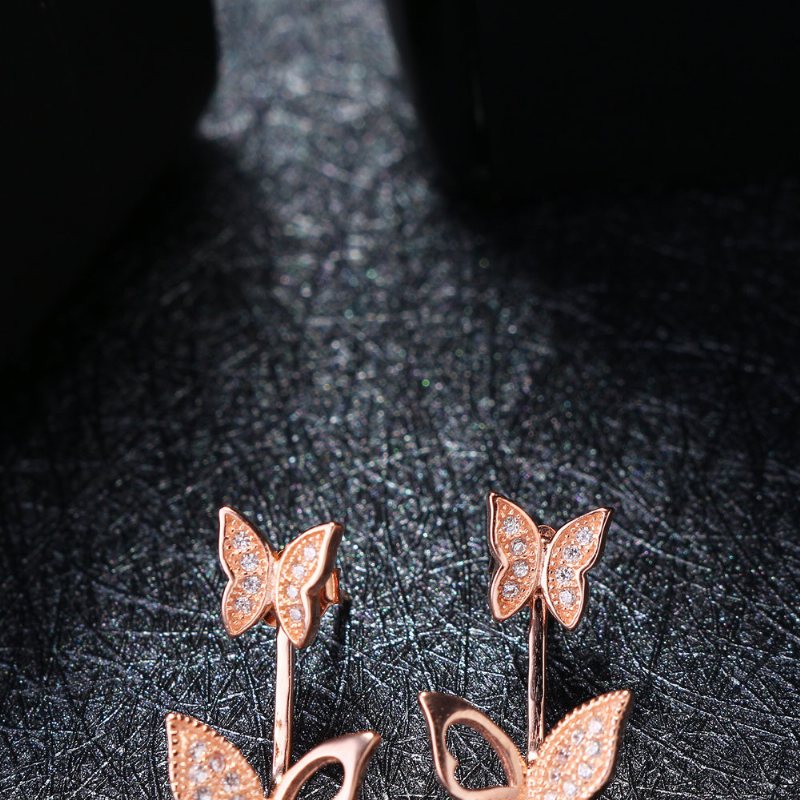 Słodkie Kolczyki Ze Srebra Próby 925 W Kolorze Różowego Złota Pełne Cyrkonie Butterfly Piercing Ear Jackets Dla Kobiet