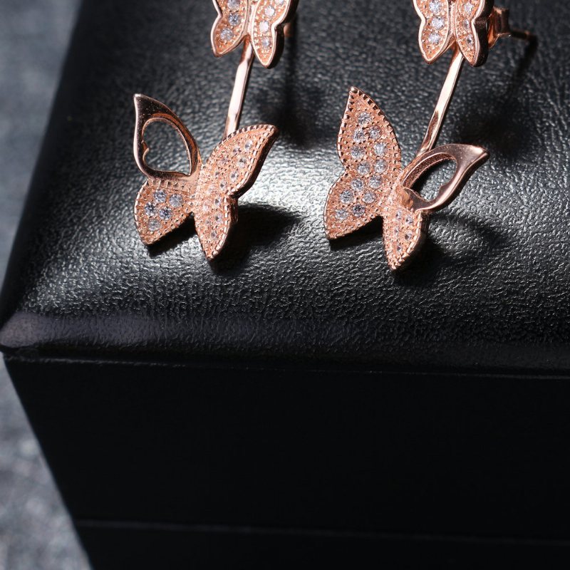 Słodkie Kolczyki Ze Srebra Próby 925 W Kolorze Różowego Złota Pełne Cyrkonie Butterfly Piercing Ear Jackets Dla Kobiet