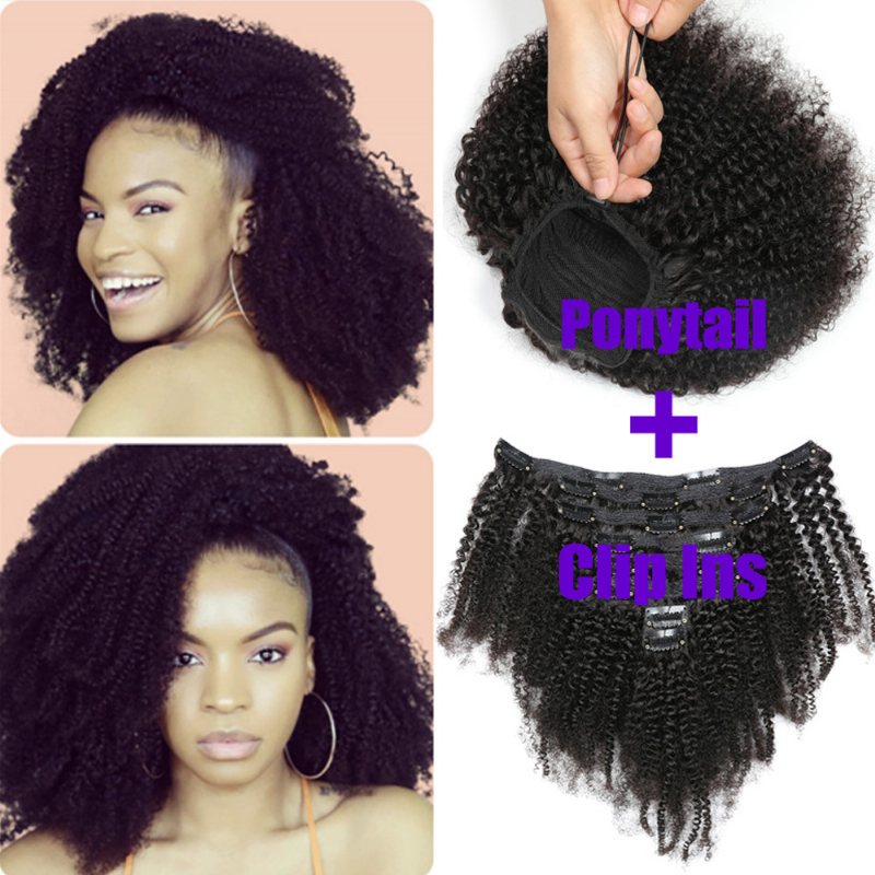 Damskie Symulacja Peruka Kontraktowa Skrzyp Afro Kinky Curly Clip In Prawdziwe Włosy Kucyk Dla Dziewczyna Dama