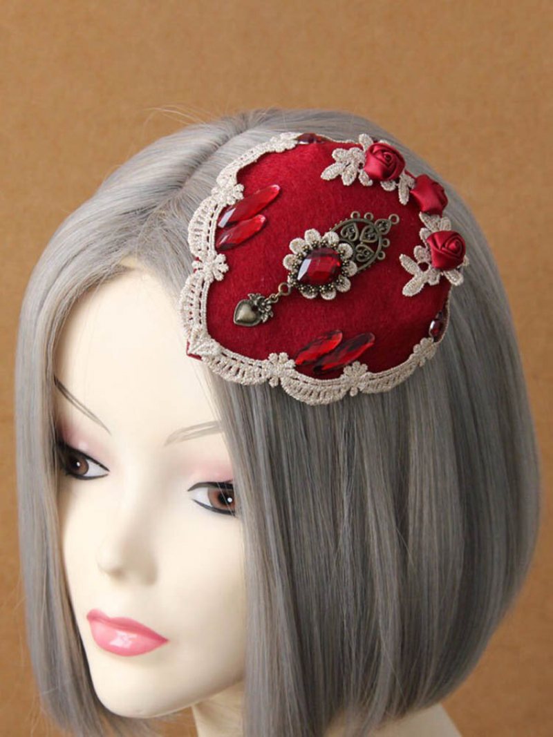 Vintage Cosplay Hairwear Wedding Red Rose Lace Crystal Heart Spinka Do Włosów Biżuteria