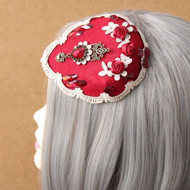 Vintage Cosplay Hairwear Wedding Red Rose Lace Crystal Heart Spinka Do Włosów Biżuteria