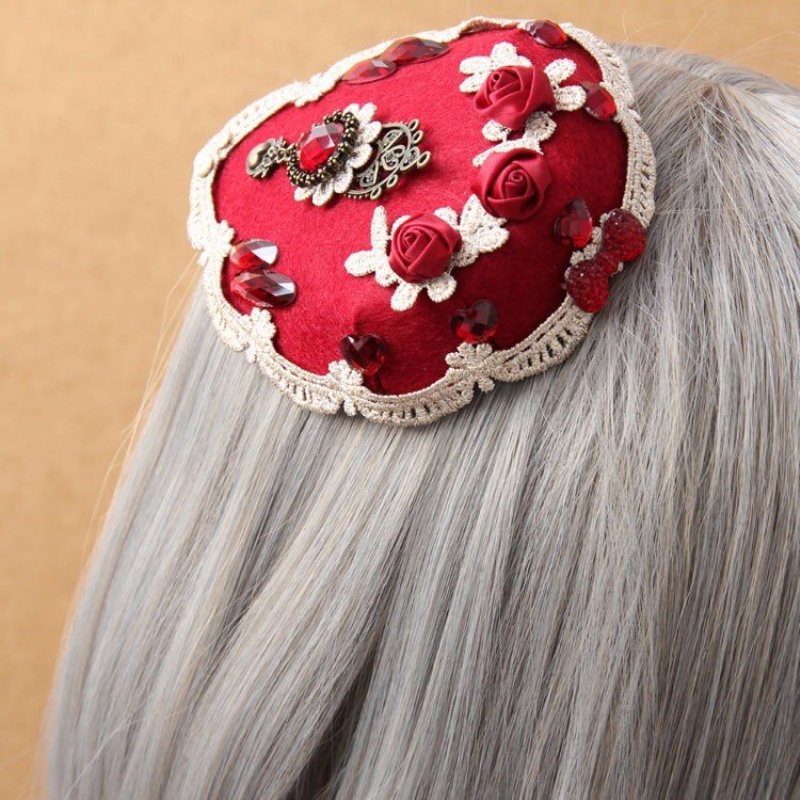 Vintage Cosplay Hairwear Wedding Red Rose Lace Crystal Heart Spinka Do Włosów Biżuteria