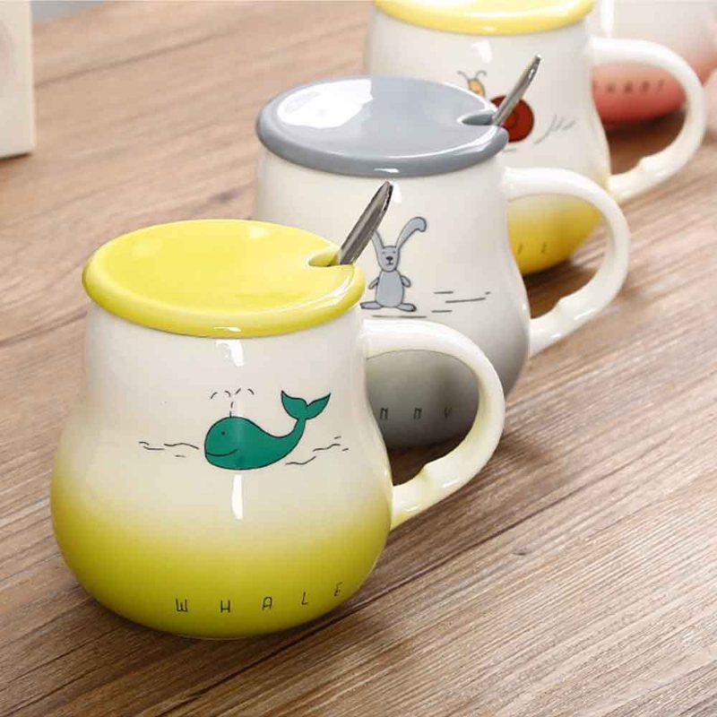 Cartoon Pot Bellied Kubki Kolor Gradientu Z Pokrywką Scoop Piękny Ceramiczny Kubek Ze Zwierzętami 401-500 Ml