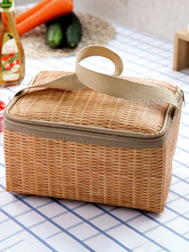 Imitacja Rattanu Brazier Bag Pogrubienie Lunch Tote Bag Cooler Izolowana Torebka Podróżna Torba Piknikowa