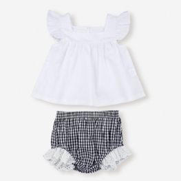 Baby Flying Sleeves Białe Bluzki + Szorty Z Nadrukiem W Kratę Zestaw Ubrań Dla 3-24 Miesięcy
