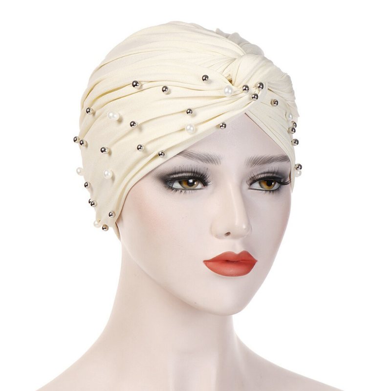 Damska Czapka Z Daszkiem W Stylu Vintage Z Koralikami Casual Milk Silk Soft Solid Bonnet Hat Headpiece