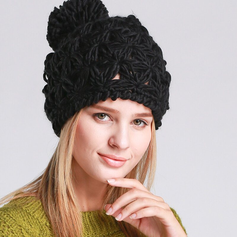 Damska Dzianinowa Czapka Beanie Z Kapturem Z Ręcznie Tkana Pusta Wełniana Casual Outdoor Warm Windproof Hat