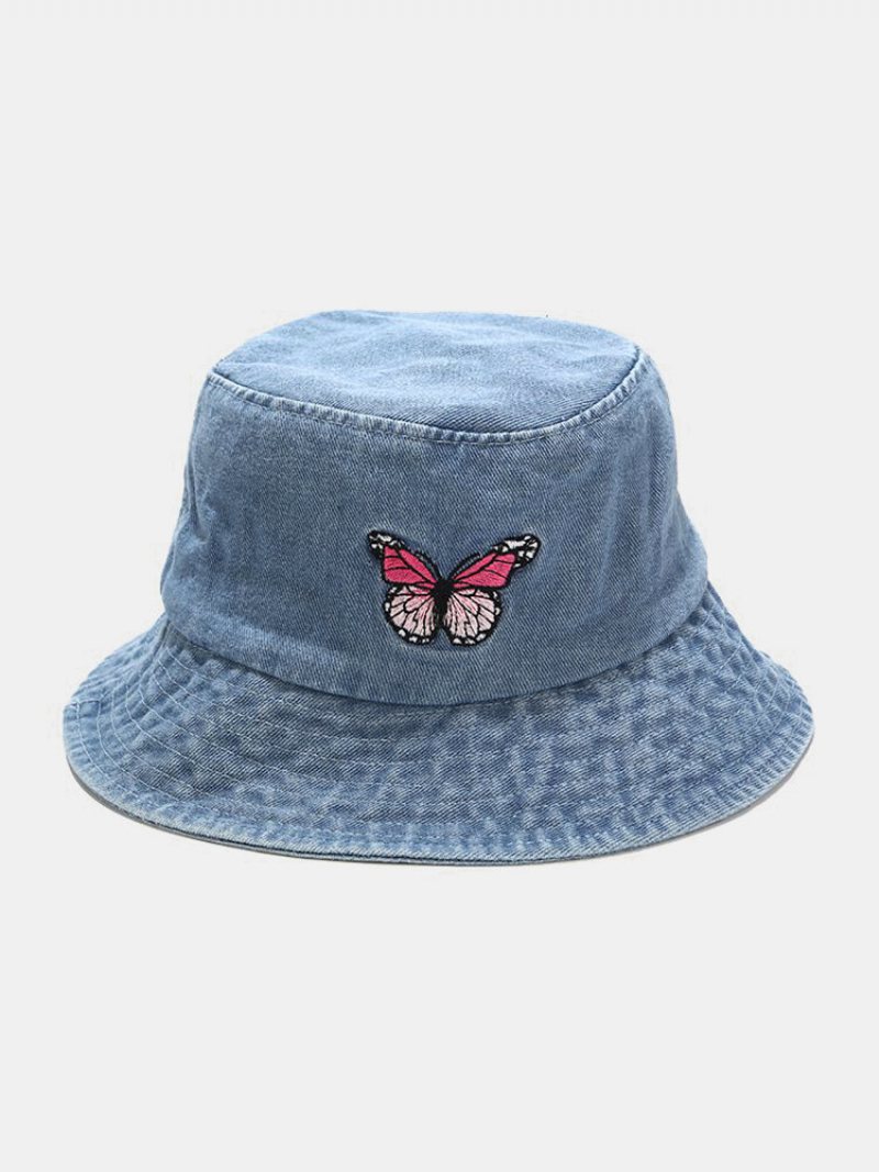 Damski I Męski Haftowany Wzór Motyla Denim Outdoor Casual Kapelusz Typu Bucket