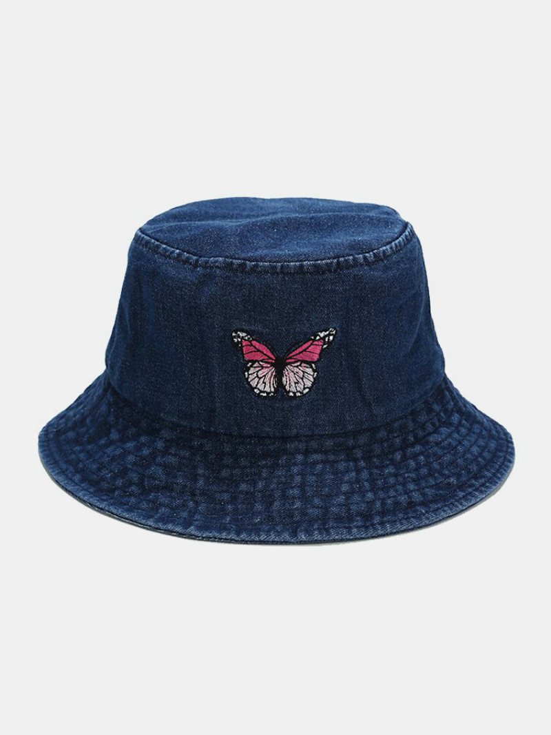 Damski I Męski Haftowany Wzór Motyla Denim Outdoor Casual Kapelusz Typu Bucket