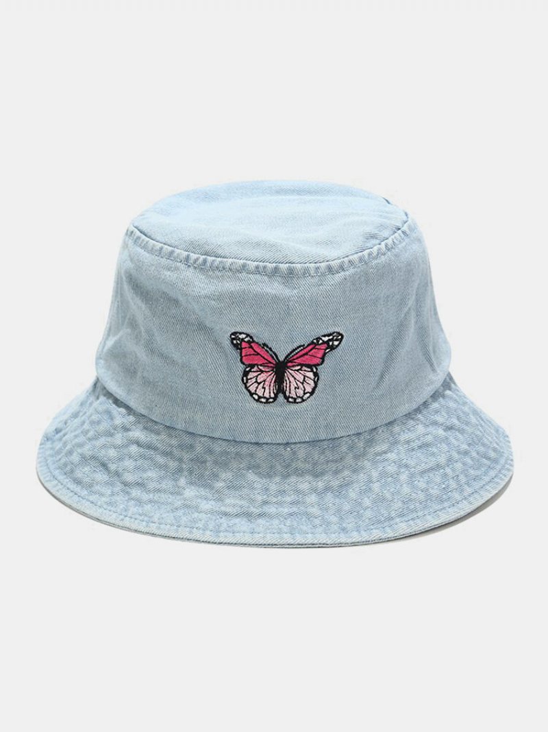 Damski I Męski Haftowany Wzór Motyla Denim Outdoor Casual Kapelusz Typu Bucket