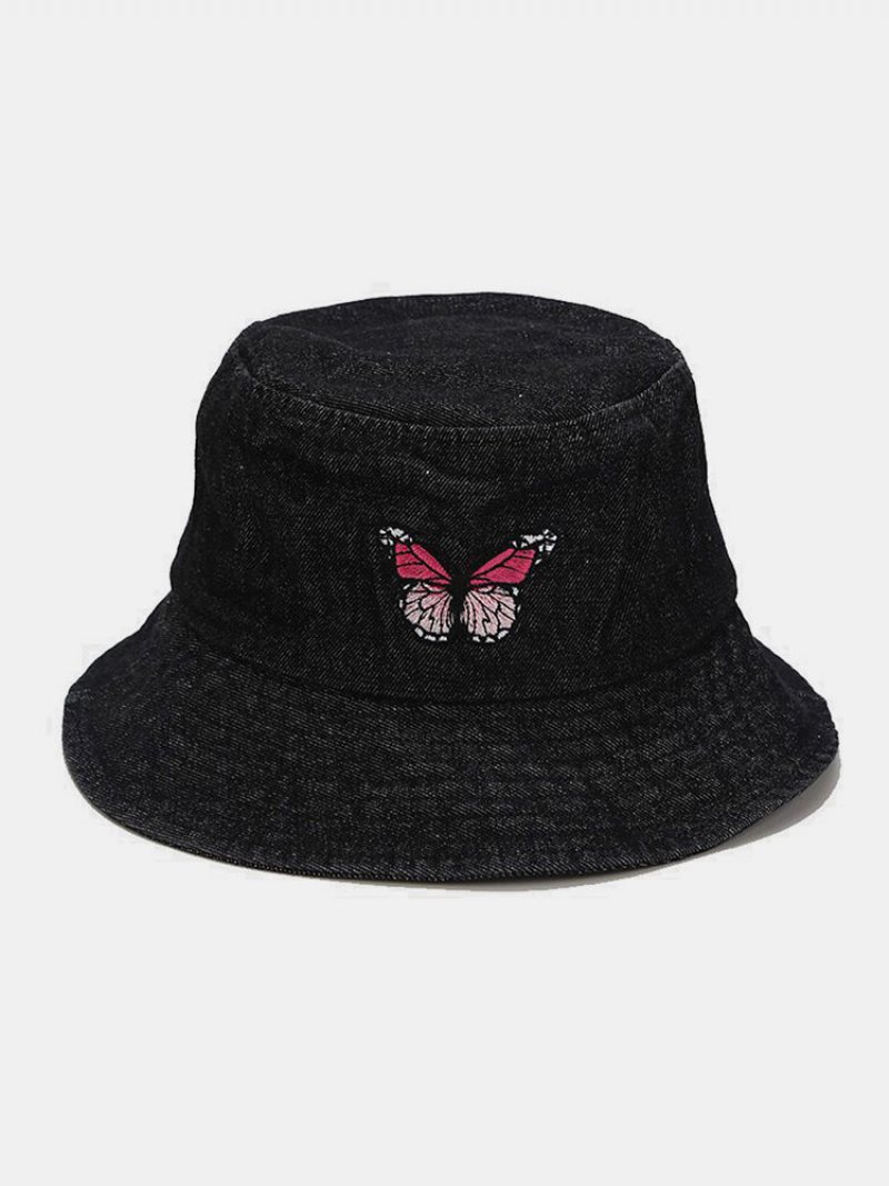 Damski I Męski Haftowany Wzór Motyla Denim Outdoor Casual Kapelusz Typu Bucket