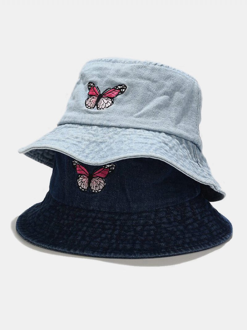 Damski I Męski Haftowany Wzór Motyla Denim Outdoor Casual Kapelusz Typu Bucket