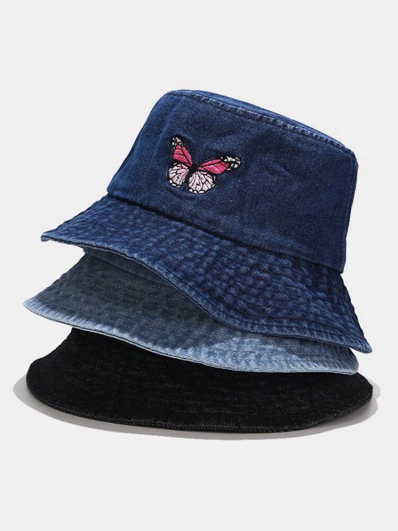 Damski I Męski Haftowany Wzór Motyla Denim Outdoor Casual Kapelusz Typu Bucket