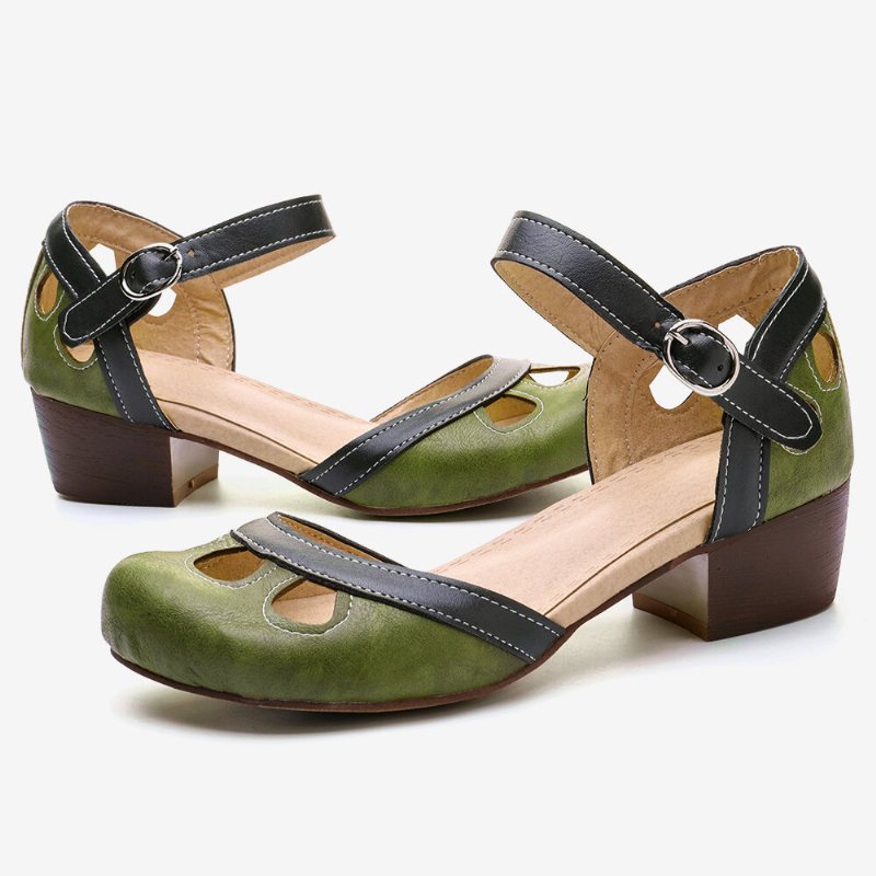 Damskie Chodaki W Stylu Vintage Z Wydrążoną Klamrą Na Grubym Obcasie D'orsay Mary Jane Pumps