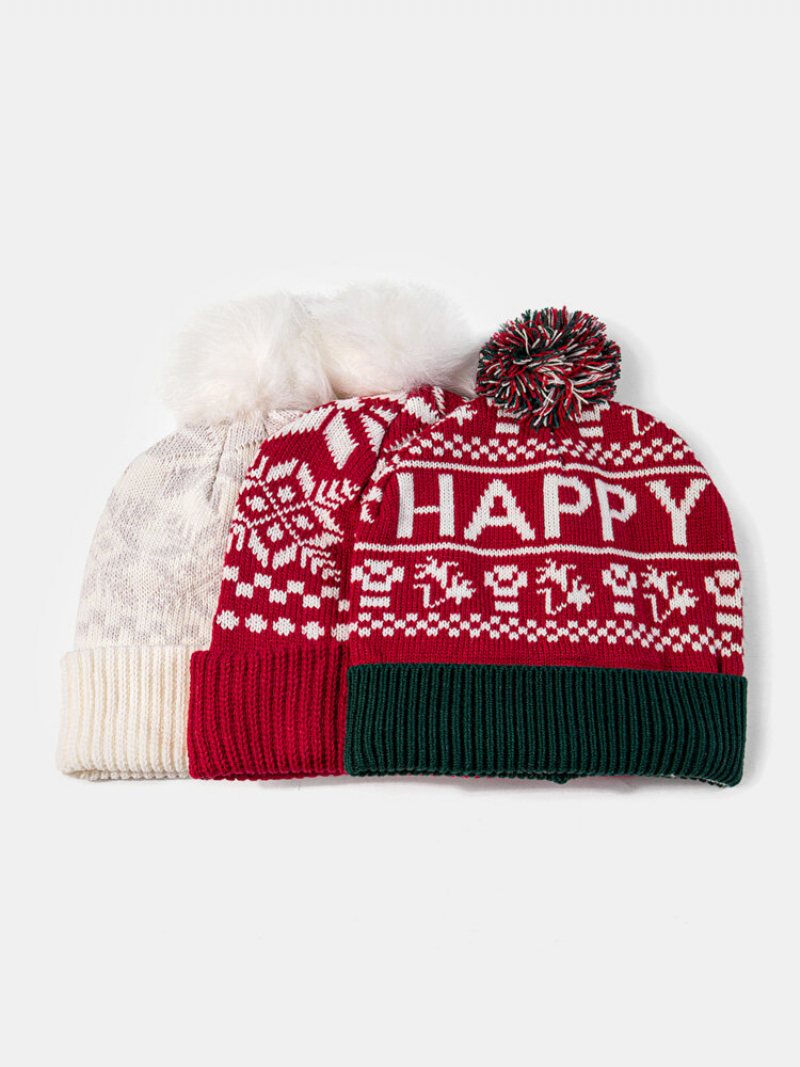 Kobiety Akryl Faux Cashmere Dzianiny Snowflake Letters Pattern Fur Ball Zdobiona Czapka Beanie