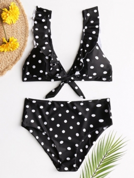 Kobiety Bikini Z Wysokim Stanem Polka Dot Tie Front Falbany Rękawy Stroje Kąpielowe