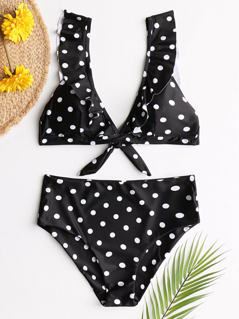 Kobiety Bikini Z Wysokim Stanem Polka Dot Tie Front Falbany Rękawy Stroje Kąpielowe