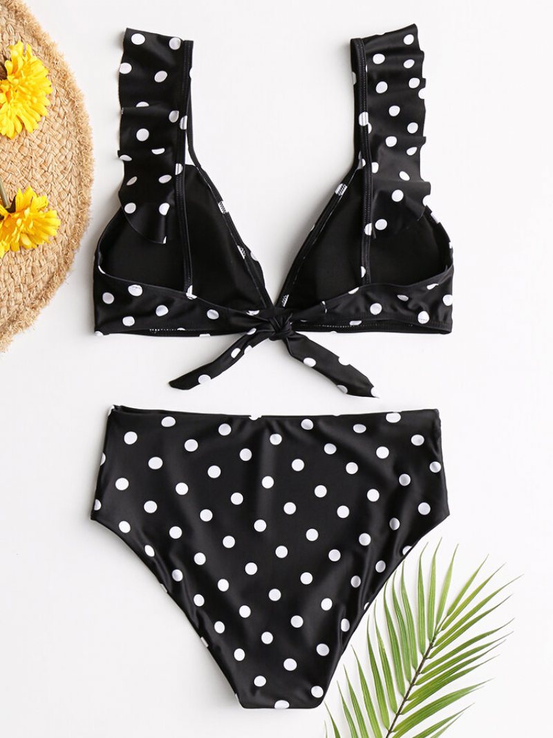 Kobiety Bikini Z Wysokim Stanem Polka Dot Tie Front Falbany Rękawy Stroje Kąpielowe