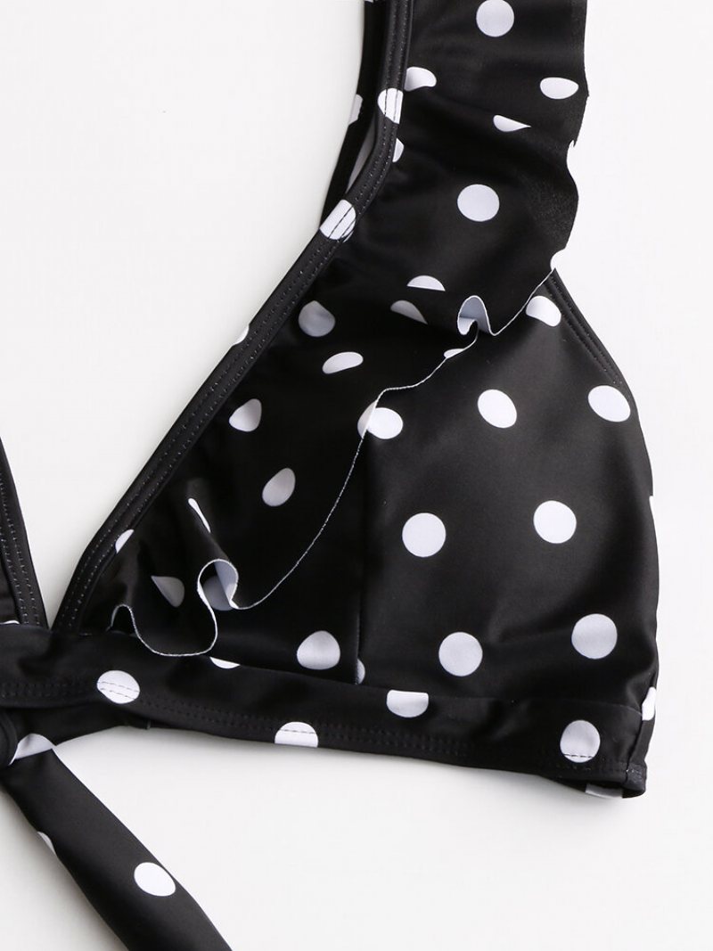 Kobiety Bikini Z Wysokim Stanem Polka Dot Tie Front Falbany Rękawy Stroje Kąpielowe