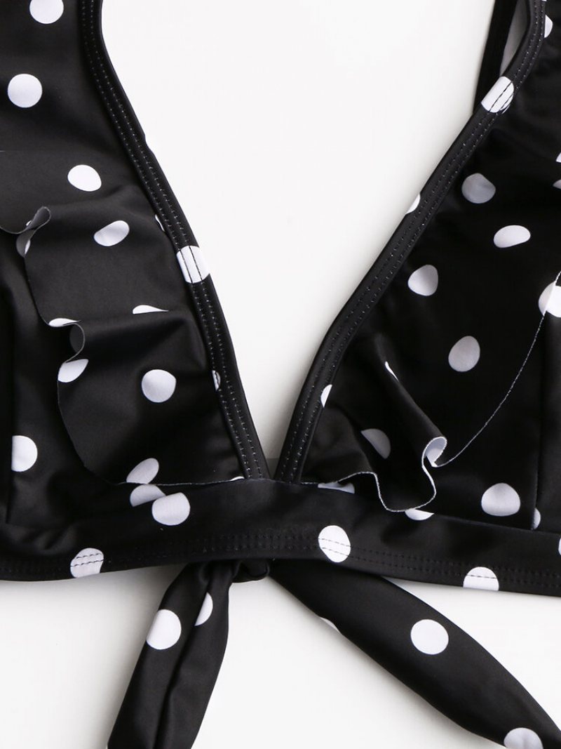 Kobiety Bikini Z Wysokim Stanem Polka Dot Tie Front Falbany Rękawy Stroje Kąpielowe