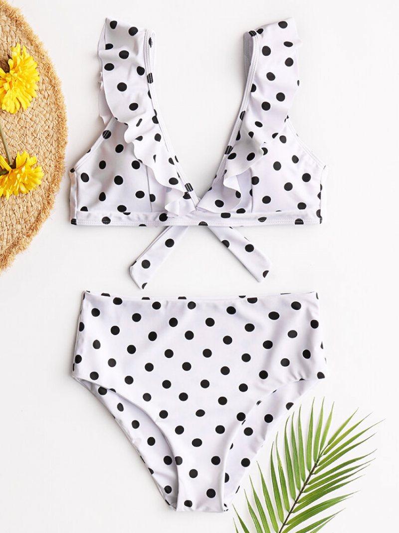 Kobiety Bikini Z Wysokim Stanem Polka Dot Tie Front Falbany Rękawy Stroje Kąpielowe