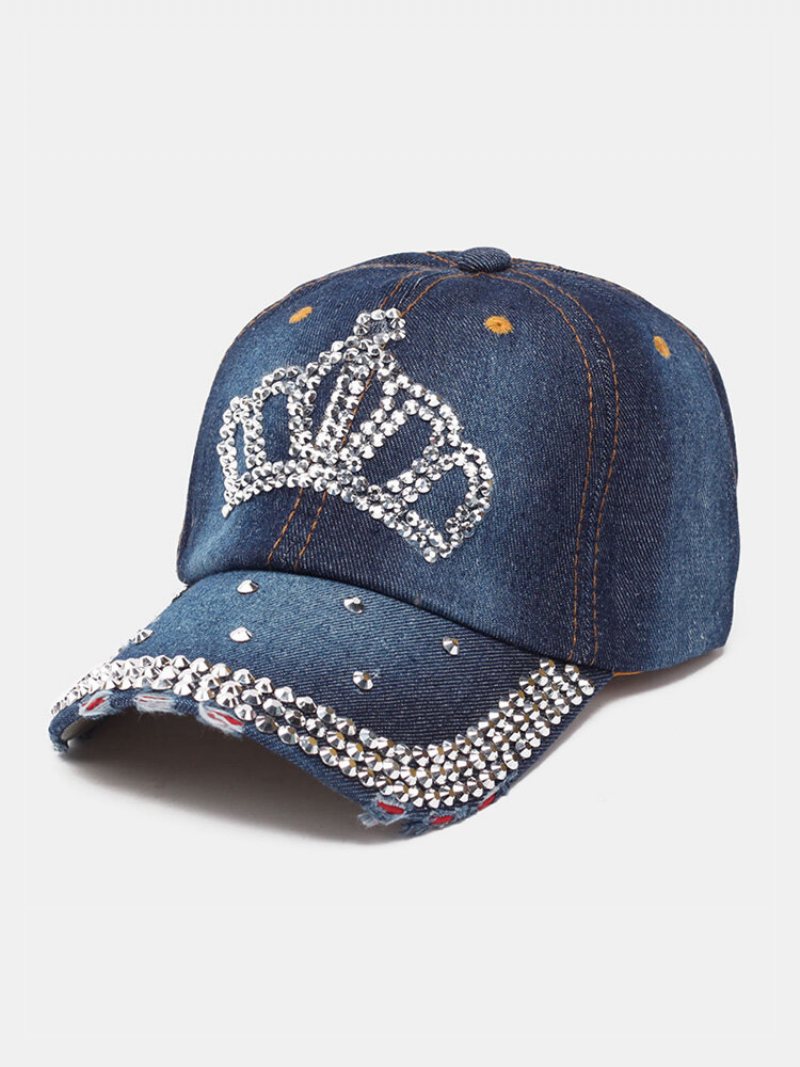 Kobiety Denim Rhinestone Zdobiony Wzór Korony Złamana Dziura Dorywczo Czapki Z Daszkiem Osłona Przeciwsłoneczna