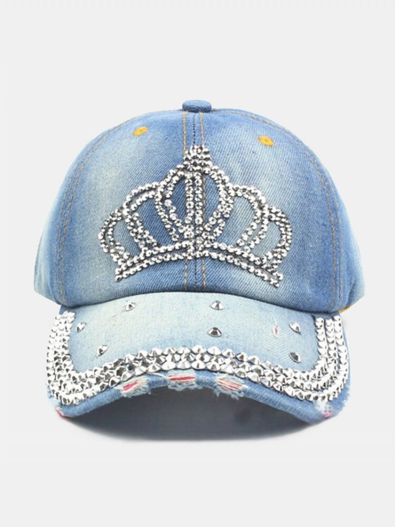 Kobiety Denim Rhinestone Zdobiony Wzór Korony Złamana Dziura Dorywczo Czapki Z Daszkiem Osłona Przeciwsłoneczna