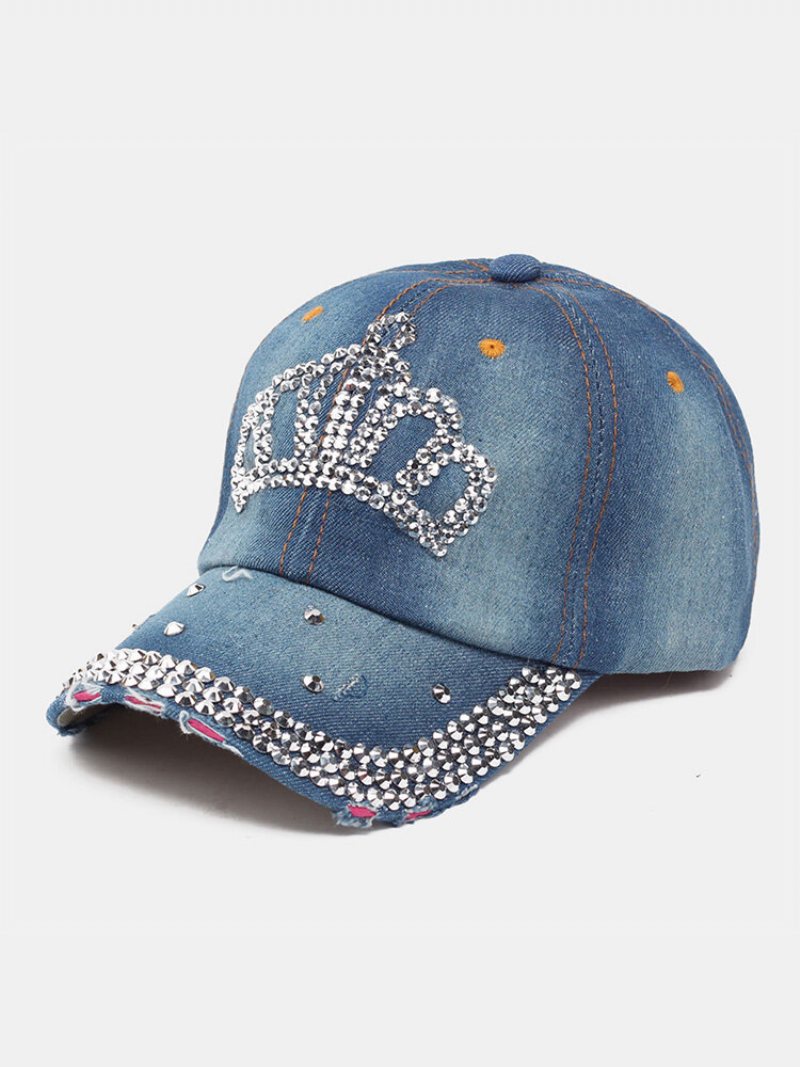 Kobiety Denim Rhinestone Zdobiony Wzór Korony Złamana Dziura Dorywczo Czapki Z Daszkiem Osłona Przeciwsłoneczna