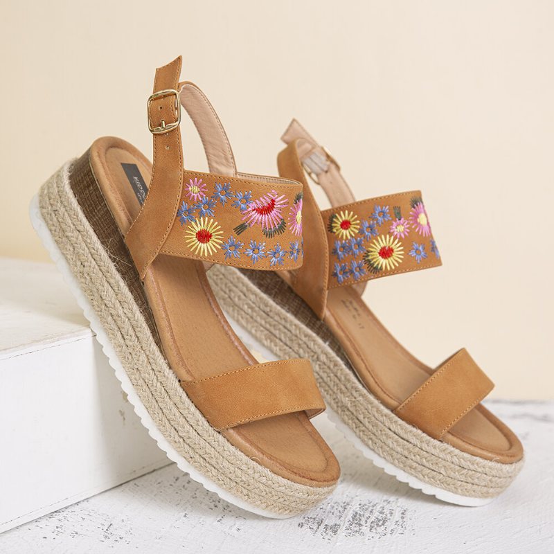 Lostisy Kobiety Kwiaty Haftowane Slingback Espadryle Klamra Platformy Sandały