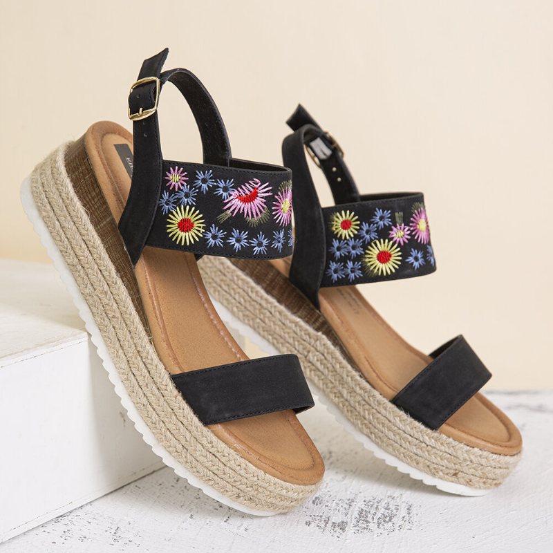 Lostisy Kobiety Kwiaty Haftowane Slingback Espadryle Klamra Platformy Sandały