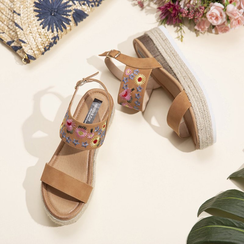 Lostisy Kobiety Kwiaty Haftowane Slingback Espadryle Klamra Platformy Sandały