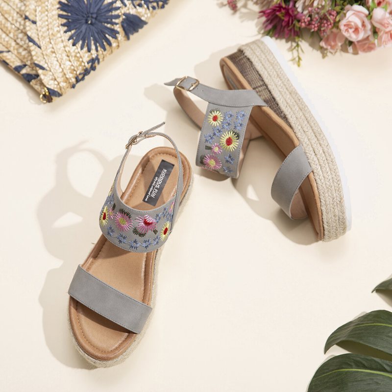 Lostisy Kobiety Kwiaty Haftowane Slingback Espadryle Klamra Platformy Sandały