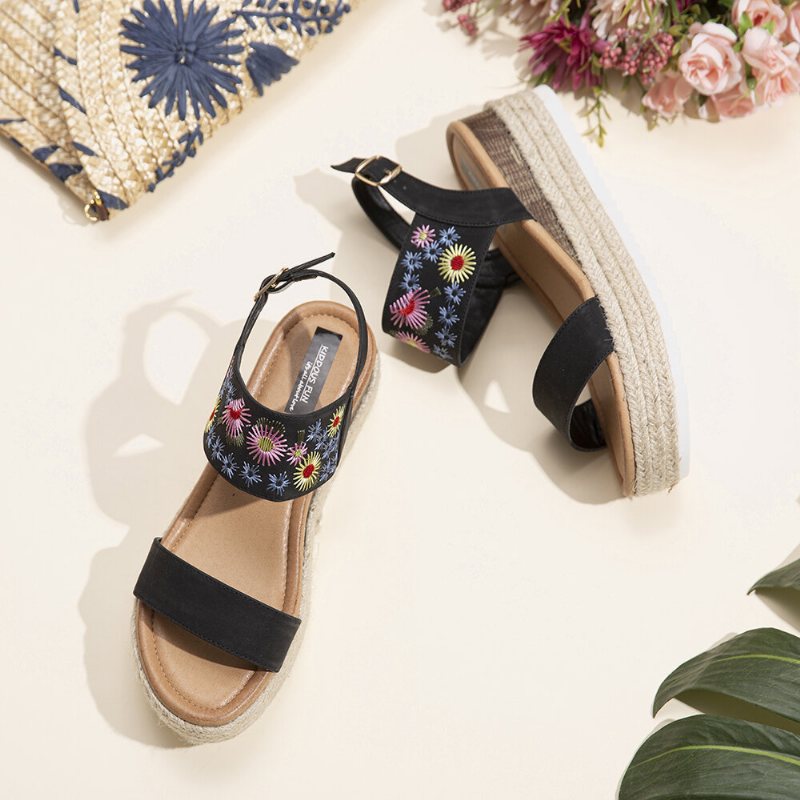 Lostisy Kobiety Kwiaty Haftowane Slingback Espadryle Klamra Platformy Sandały