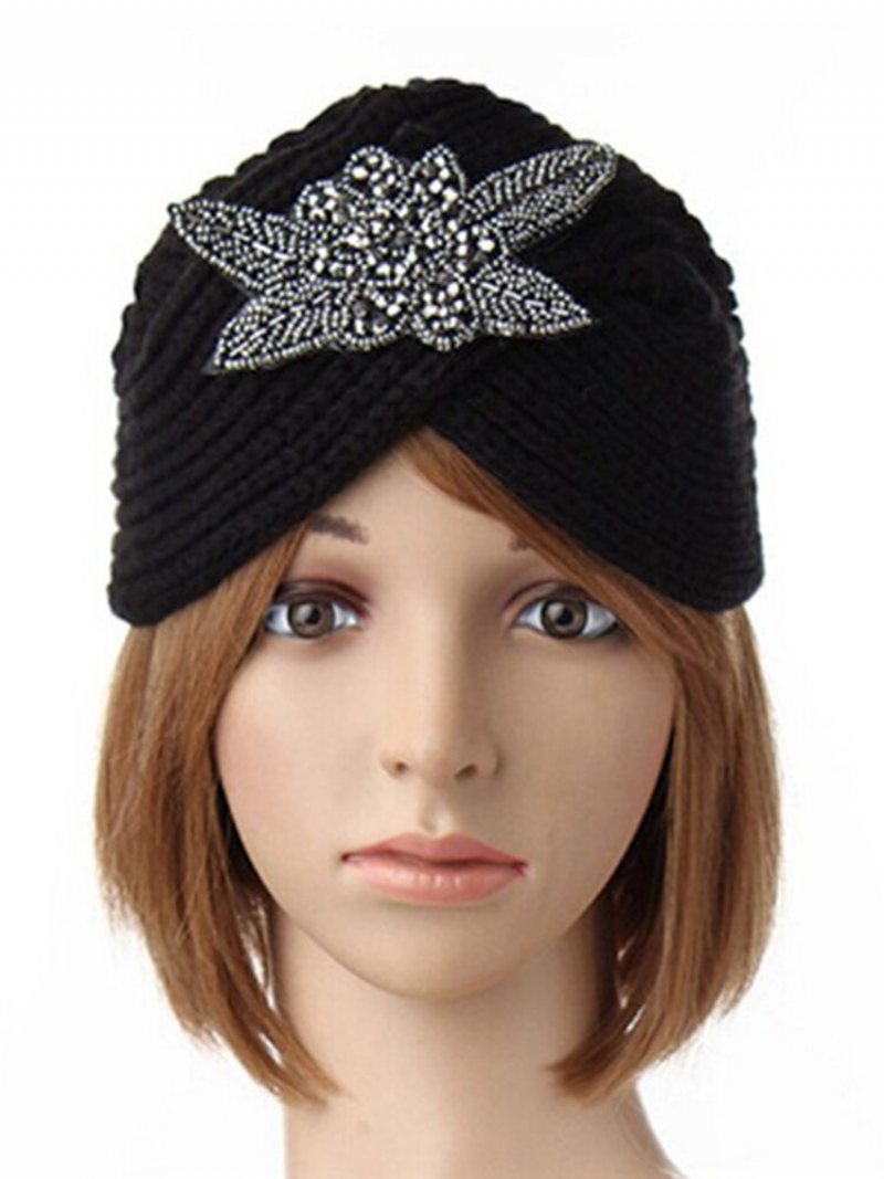 Turban Dzianina Szydełkowa Ręcznie Opaska Zimowa Ciepła Czapka Beanie Metal Jewel Akcesoria