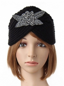 Turban Dzianina Szydełkowa Ręcznie Opaska Zimowa Ciepła Czapka Beanie Metal Jewel Akcesoria