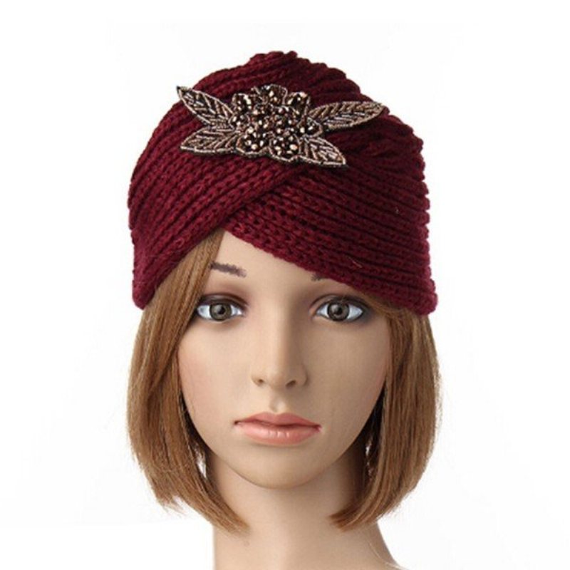 Turban Dzianina Szydełkowa Ręcznie Opaska Zimowa Ciepła Czapka Beanie Metal Jewel Akcesoria