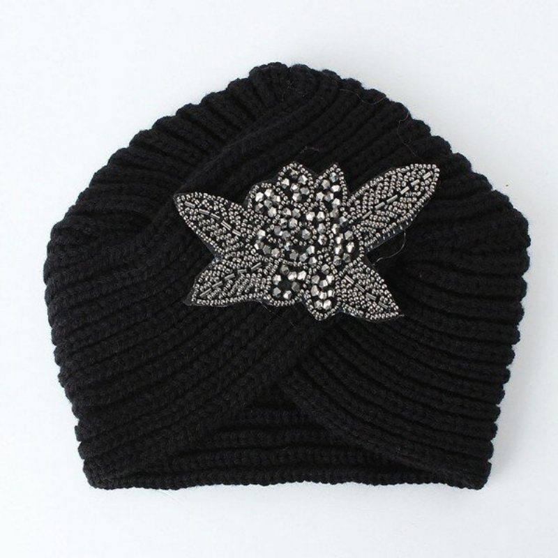 Turban Dzianina Szydełkowa Ręcznie Opaska Zimowa Ciepła Czapka Beanie Metal Jewel Akcesoria