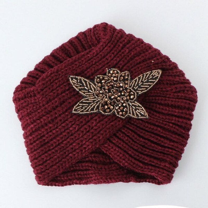 Turban Dzianina Szydełkowa Ręcznie Opaska Zimowa Ciepła Czapka Beanie Metal Jewel Akcesoria