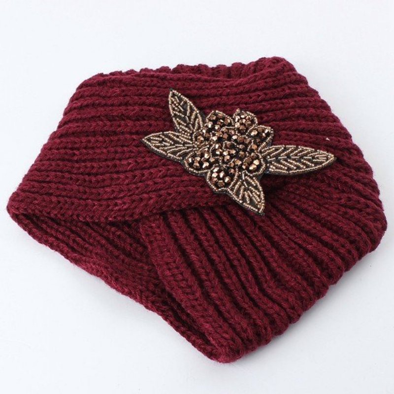 Turban Dzianina Szydełkowa Ręcznie Opaska Zimowa Ciepła Czapka Beanie Metal Jewel Akcesoria