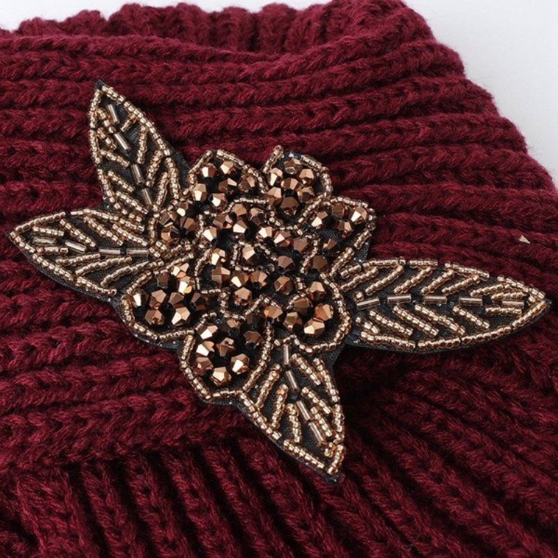 Turban Dzianina Szydełkowa Ręcznie Opaska Zimowa Ciepła Czapka Beanie Metal Jewel Akcesoria